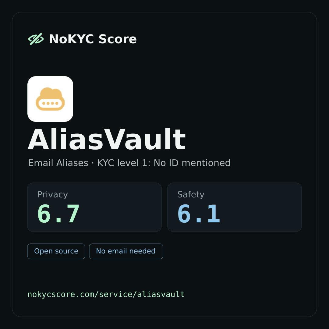 AliasVault on NoKYC Score