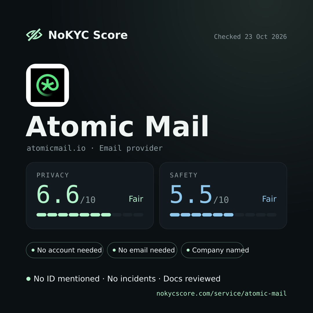 Atomic Mail on NoKYC Score
