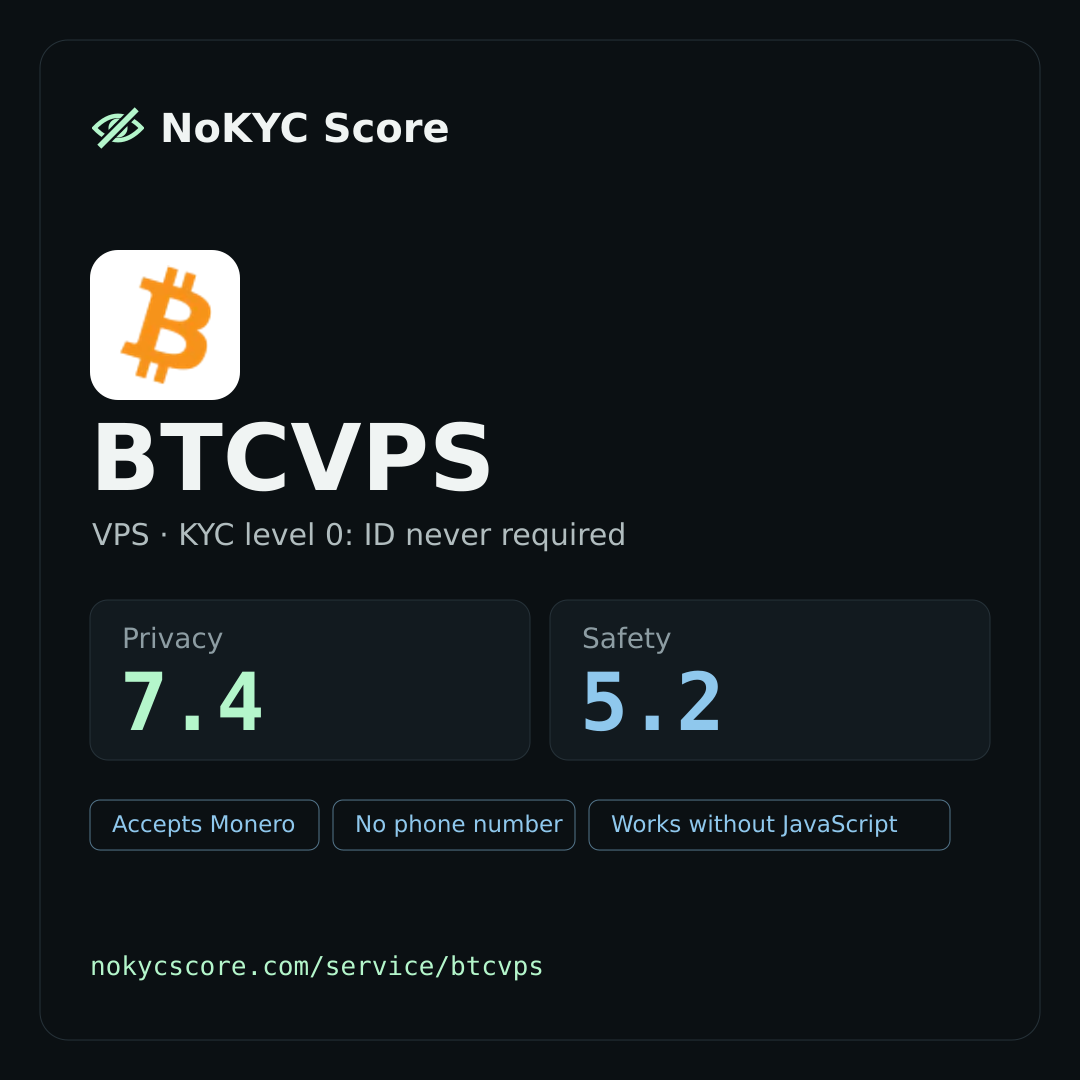 BTCVPS on NoKYC Score