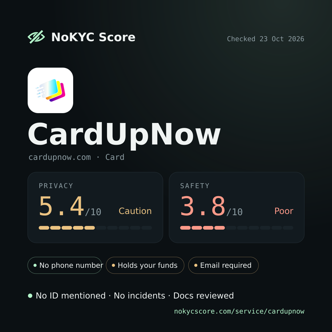 CardUpNow on NoKYC Score