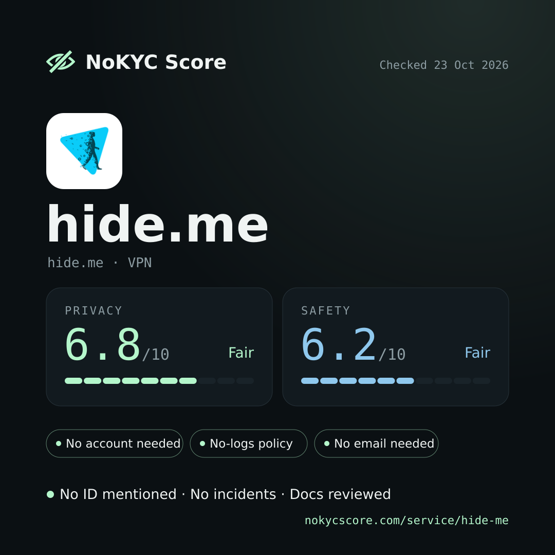 hide.me on NoKYC Score