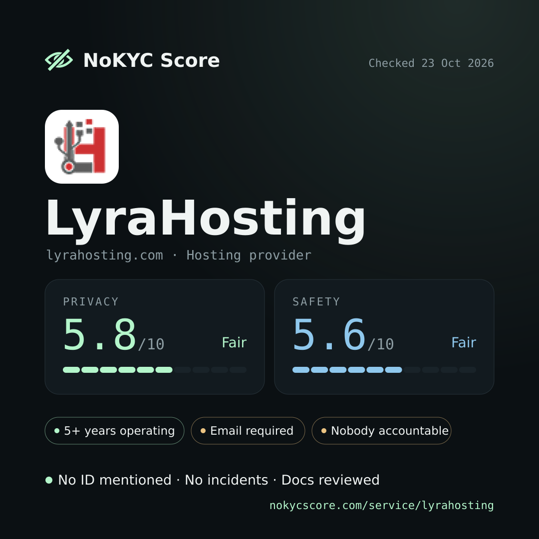 LyraHosting on NoKYC Score