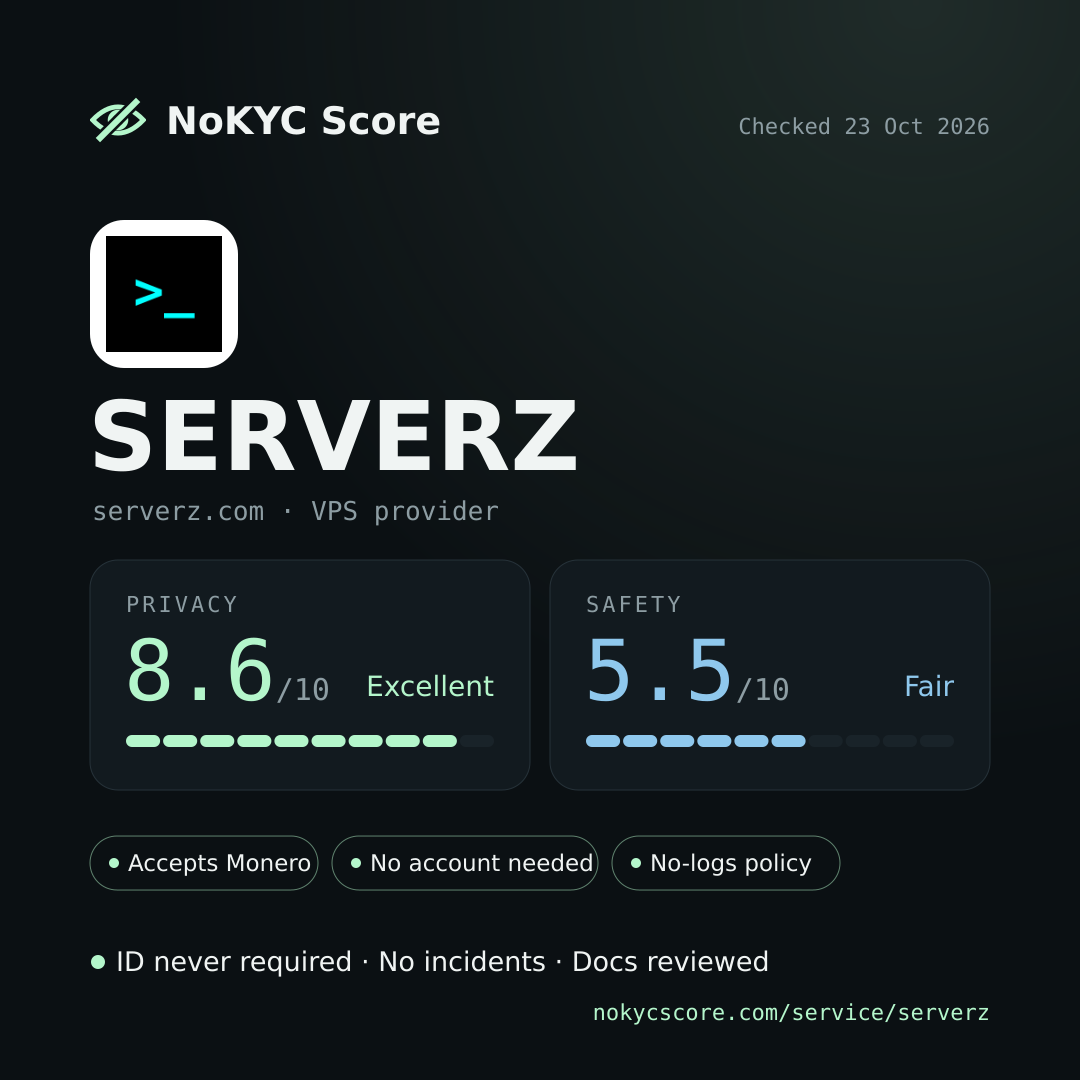 SERVERZ on NoKYC Score
