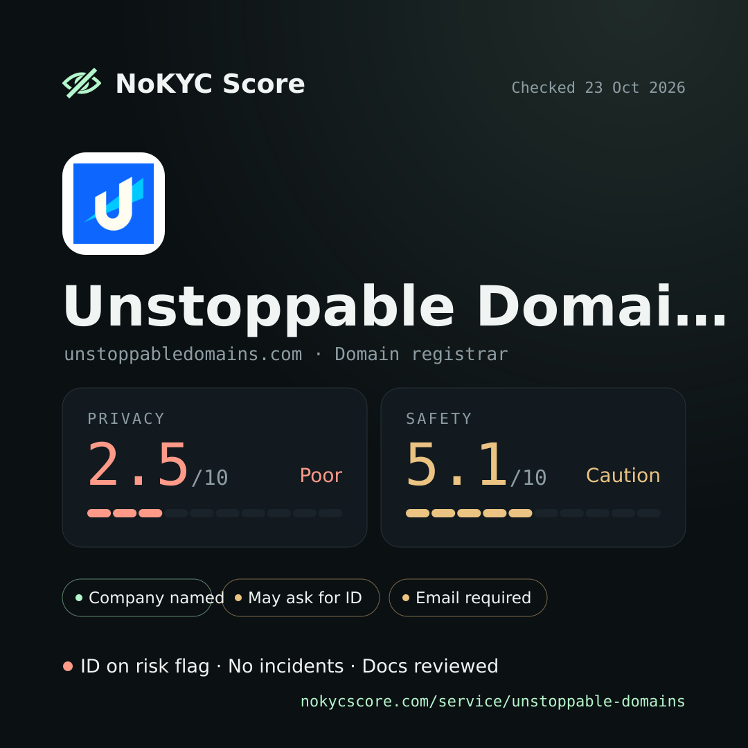 Unstoppable Domains on NoKYC Score